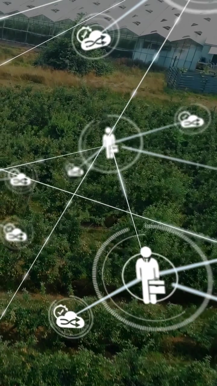 Vertical video: White circle popping over orchard biz icon fading, sending links, mapping farm ops
