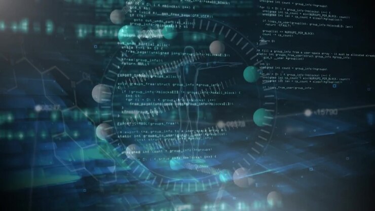 Animation of data processing and shapes on black background