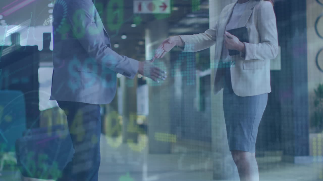 Animation of trading board over multiracial entrepreneurs shaking hands in lobby of office