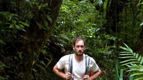 backpackers walking alone in deep forest jungle trekking path exploring central america rain forest travel holiday destination in costa rica