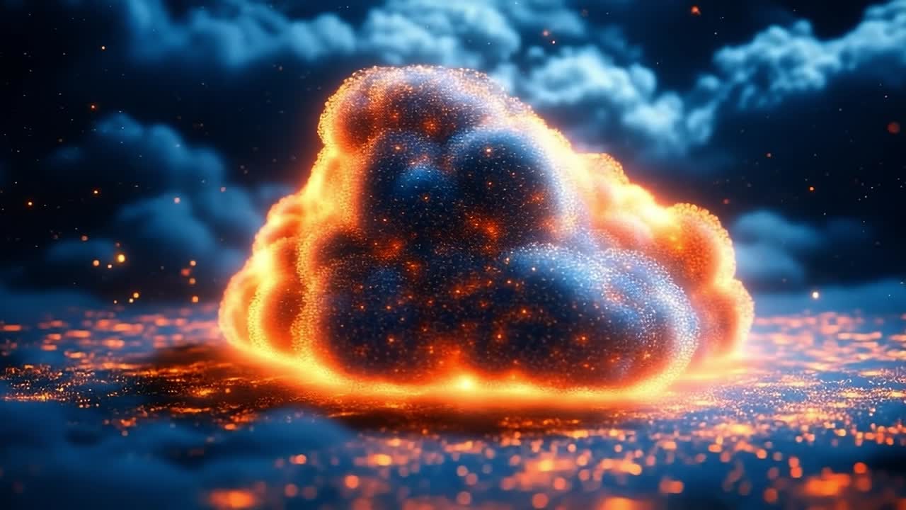 Fiery cloud formation at night sky. A vibrant cloud glows with fiery hues in a nighttime setting, illuminating the surroundings with warm colors.