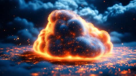 fiery cloud formation at night sky. a vibrant cloud glows with fiery hues in a nighttime setting, illuminating the surroundings with warm colors.