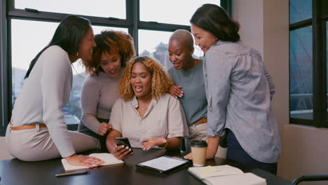 teamwork, happy or business women with phone