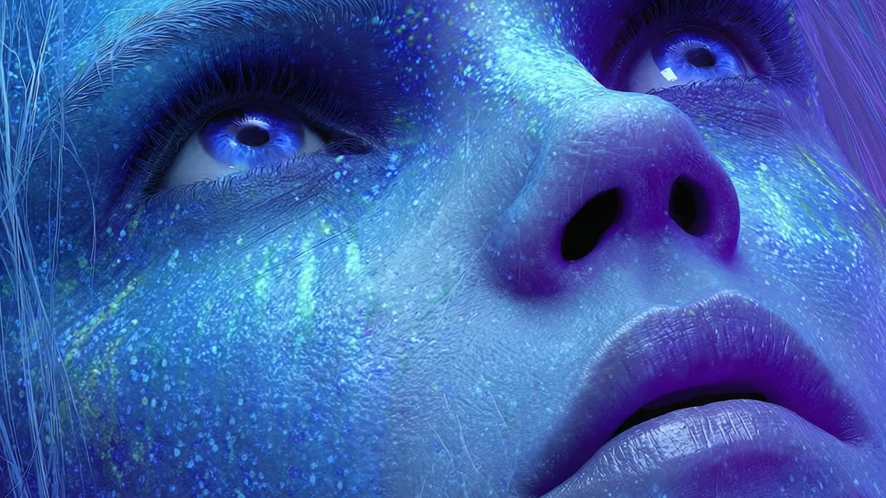 A Stunning Close-Up of a Mystical Face with Glowing Features, Highlighted by Intricate Patterns and Vibrant Blue and Purple Colors, Evoking a Sci-Fi or Fantasy Atmosphere