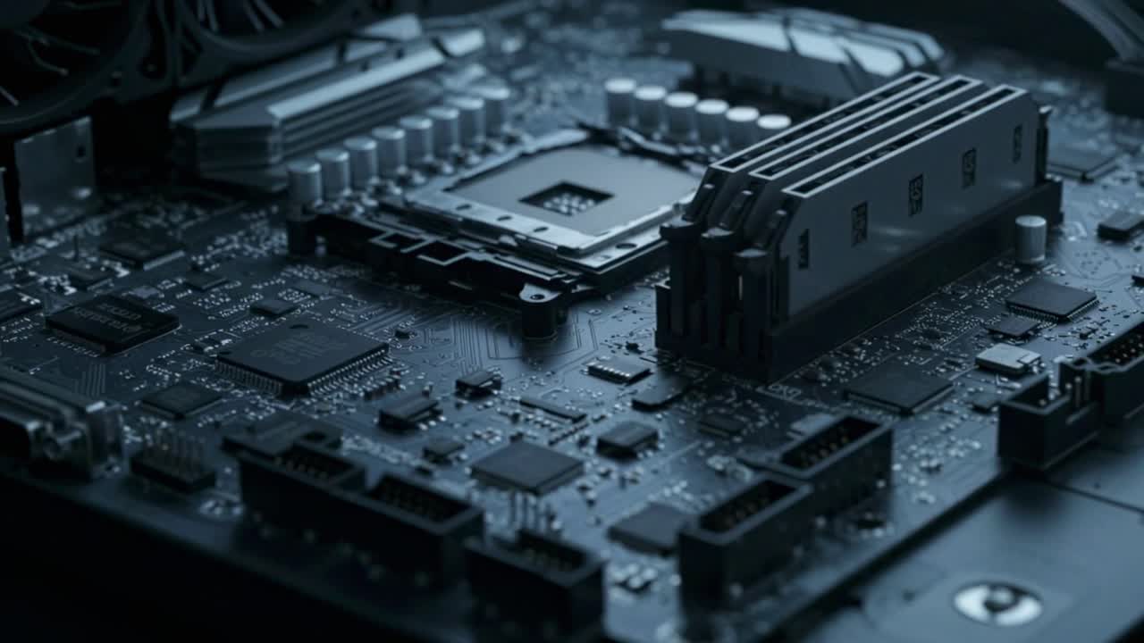 Delving into the complex and intricate features of a contemporary computer motherboard while surrounded by a softly lit atmosphere