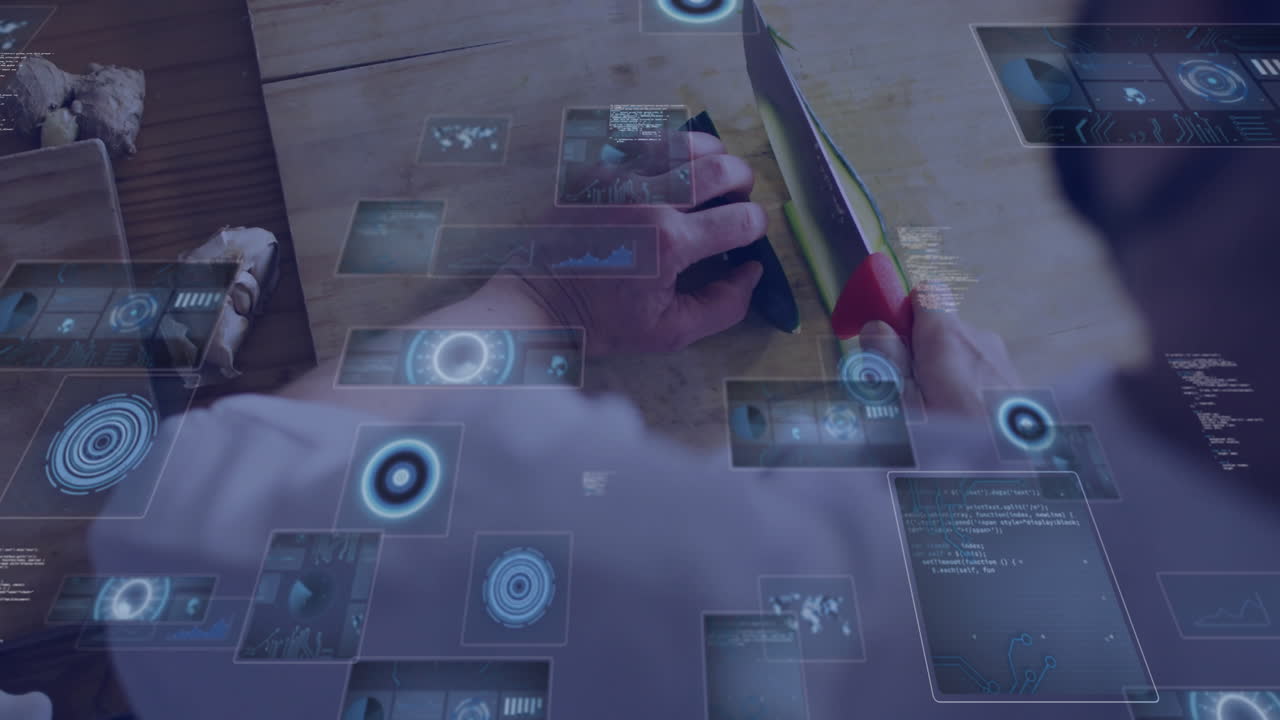 Hand slicing vegetables with digital interface animation overlaying futuristic data