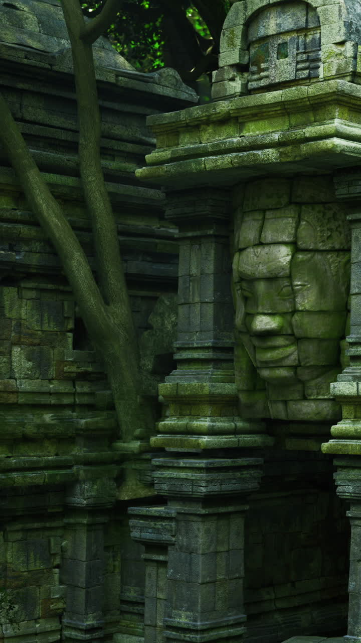 Antico volto di pietra emerge dalla vegetazione lussureggiante tra le rovine di un tempio dimenticato.