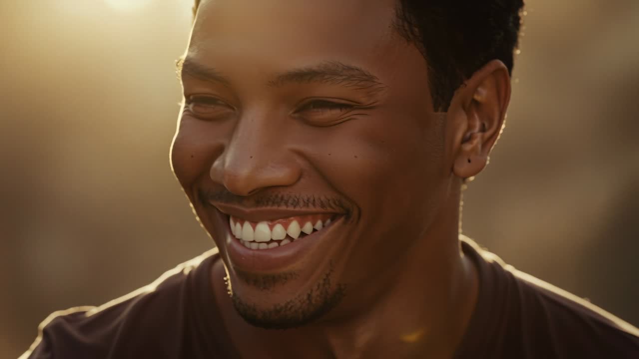 Turning to offcamera hand reaching, laughing man in dark crewneck tee smiling under low sun flare