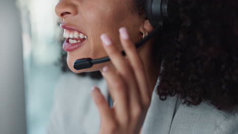 mouth, call center and woman talking in customer