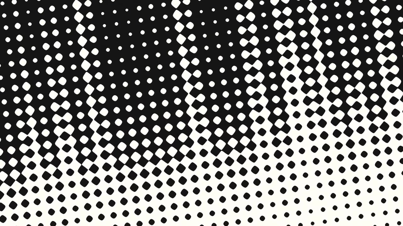A visually striking halftone pattern featuring a grid of black and white dots in a diagonal arrangement, evoking an illusion of motion and depth