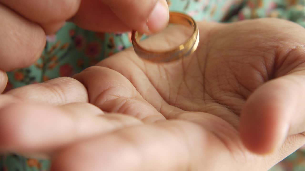 una mujer con un anillo en la mano.