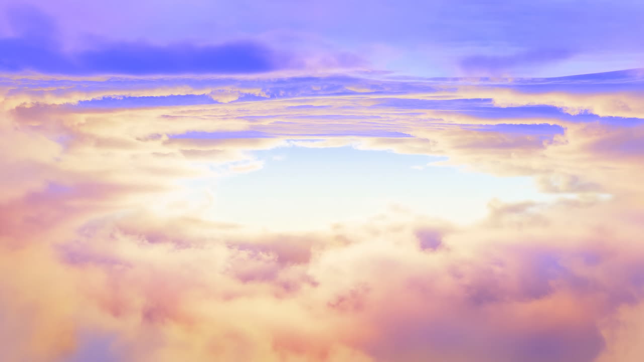 Dreamlike Flight Above Vibrant Purple and Golden Clouds