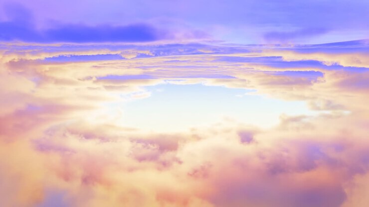 Dreamlike Flight Above Vibrant Purple and Golden Clouds