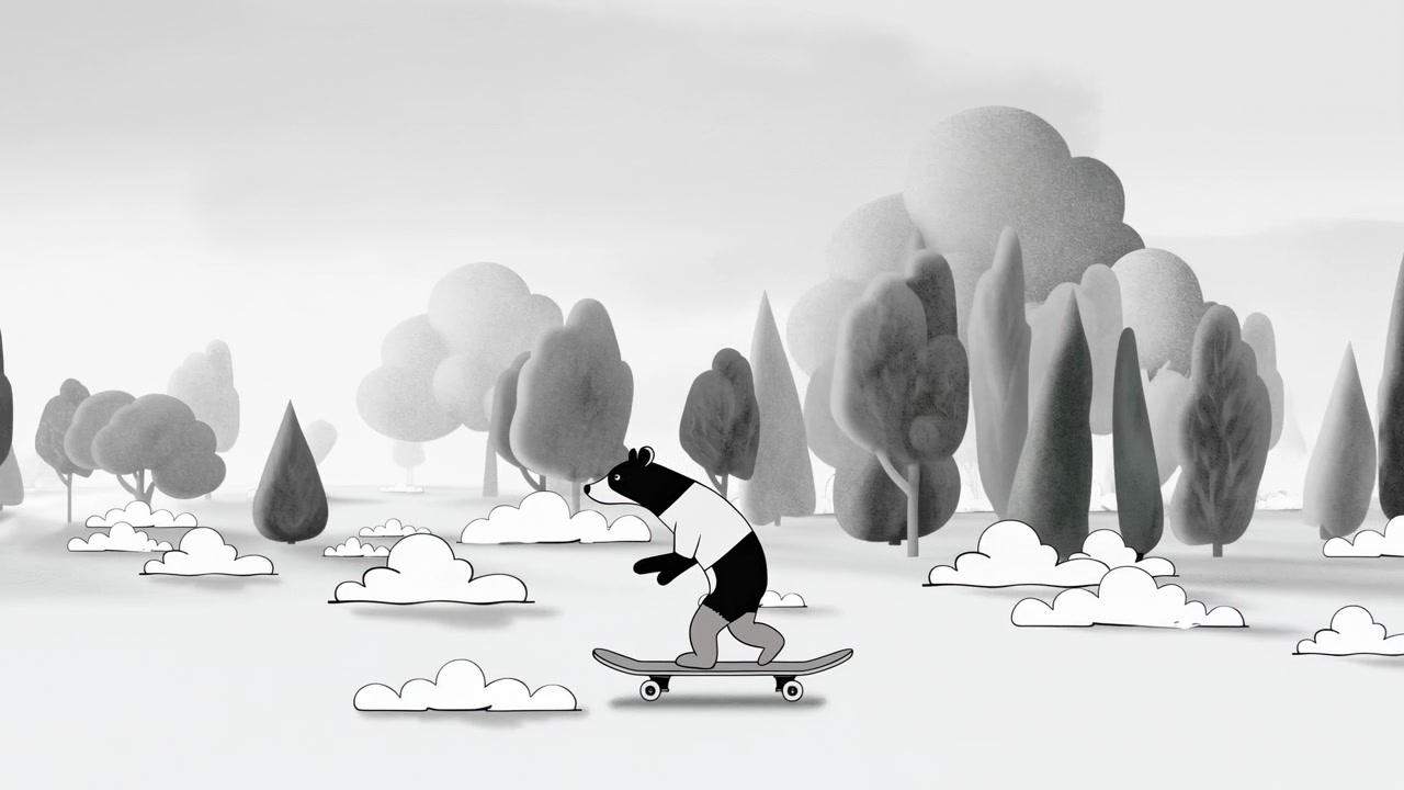 Chat monochrome faisant du skateboard dans un parc, séquence animée ludique suivant un chat noir anthropomorphe portant.