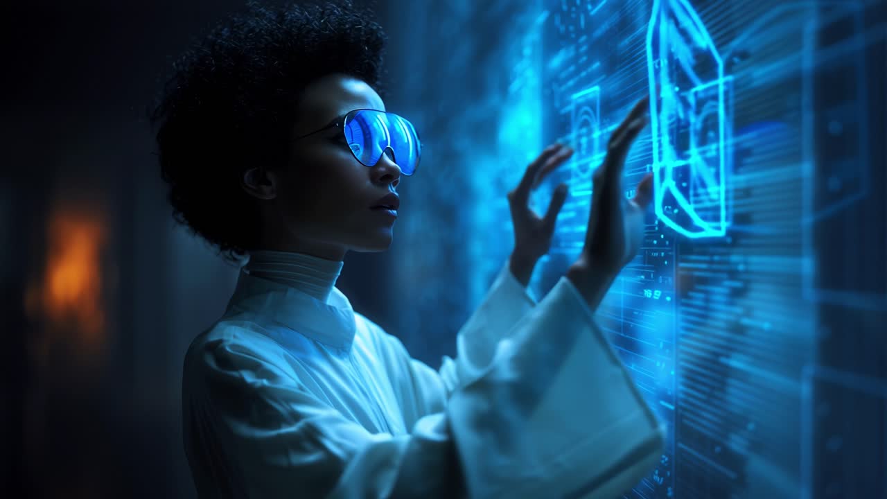 A focused woman in futuristic attire interacts with a glowing digital interface, showcasing advanced technology and data visualization in a captivating sci-fi environment
