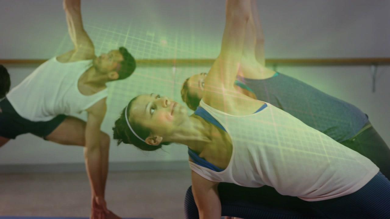 Woman in white top on cue, moving into side-angle twist for yoga stretch, grid tracking arm