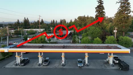 Aerial-view-of-a-rising-prices-animation-floating-over-an-American-gas-station