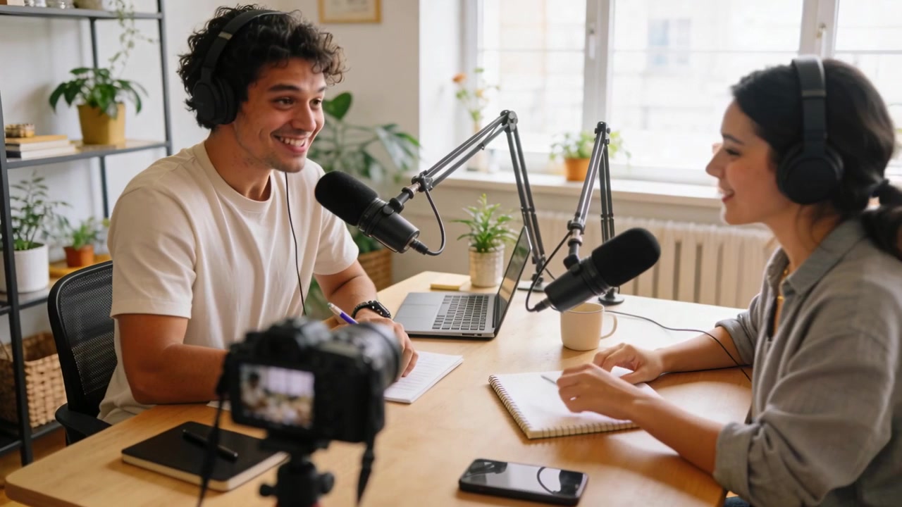 Telecamera in funzione, due conduttori in camicia che ridono, gesticolano e prendono appunti in studio con microfoni per un podcast.