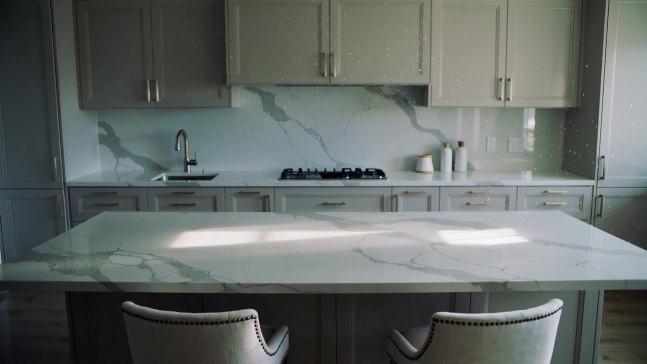 Kamera mundur menampakkan pulau marmer dan kompor tanam di dapur modern, menunjukkan area duduk yang sudah tertata.