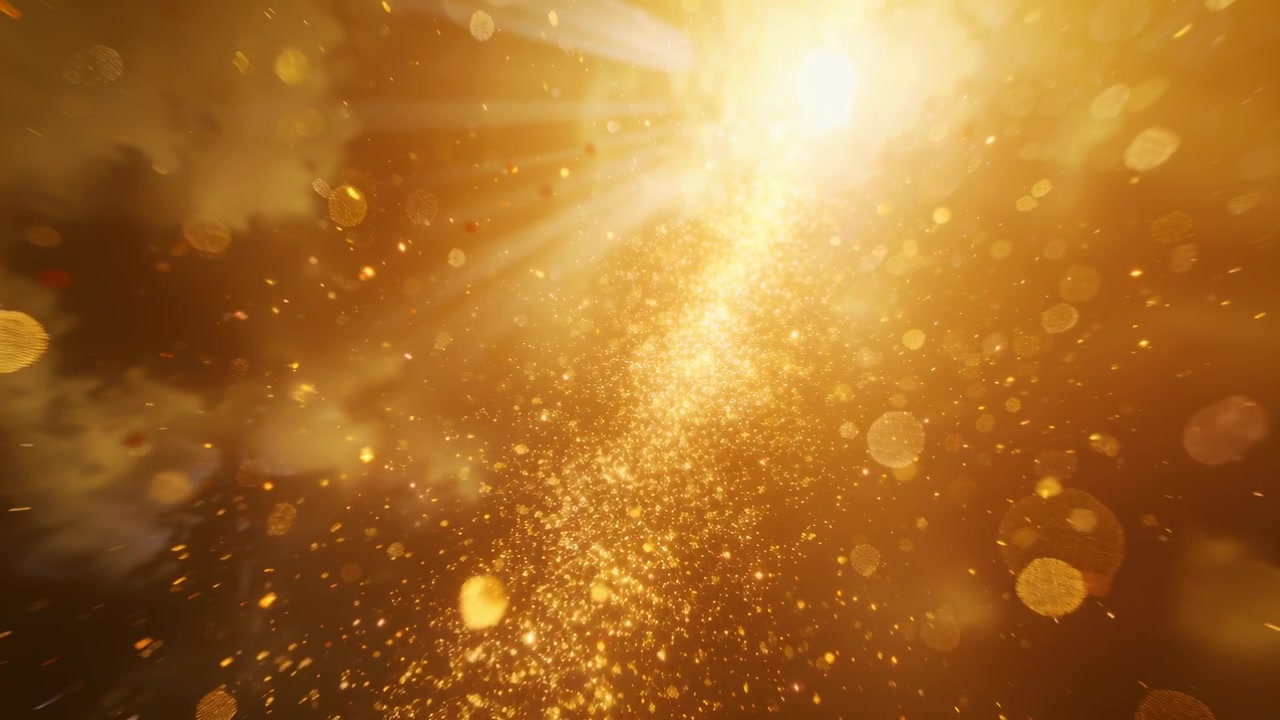 Colonna di particelle d'oro che sale dal centro inferiore, diventando più luminosa verso un bagliore solare in un bokeh ambrato.