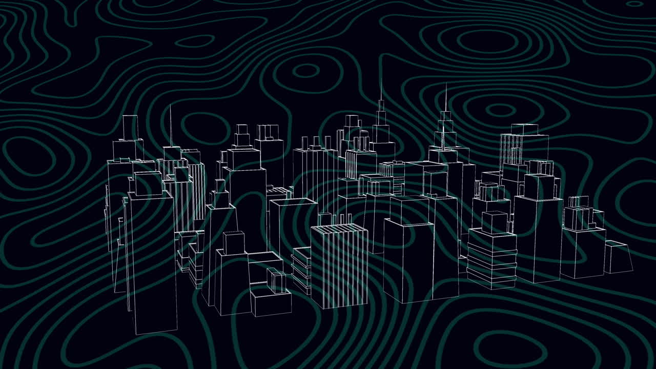 animación de la ciudad del metaverso girando sobre un fondo negro con isohypses