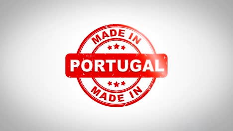 made in portugal signed stamping text wooden stamp animation. red ink on clean white paper surface background with green matte background included.