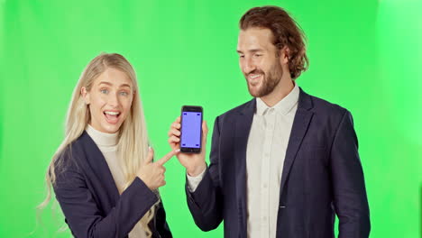 business people, pointing and phone on green