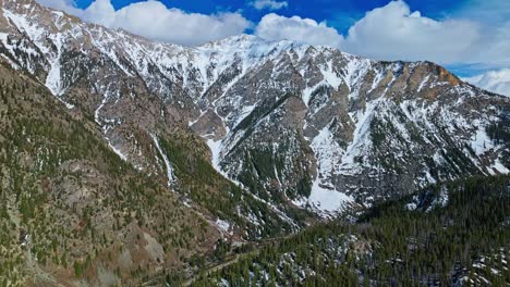 aerial sweep over alpine forest nestled between pine-covered hills in frisco gulch colorado usa, spring snow on mountains