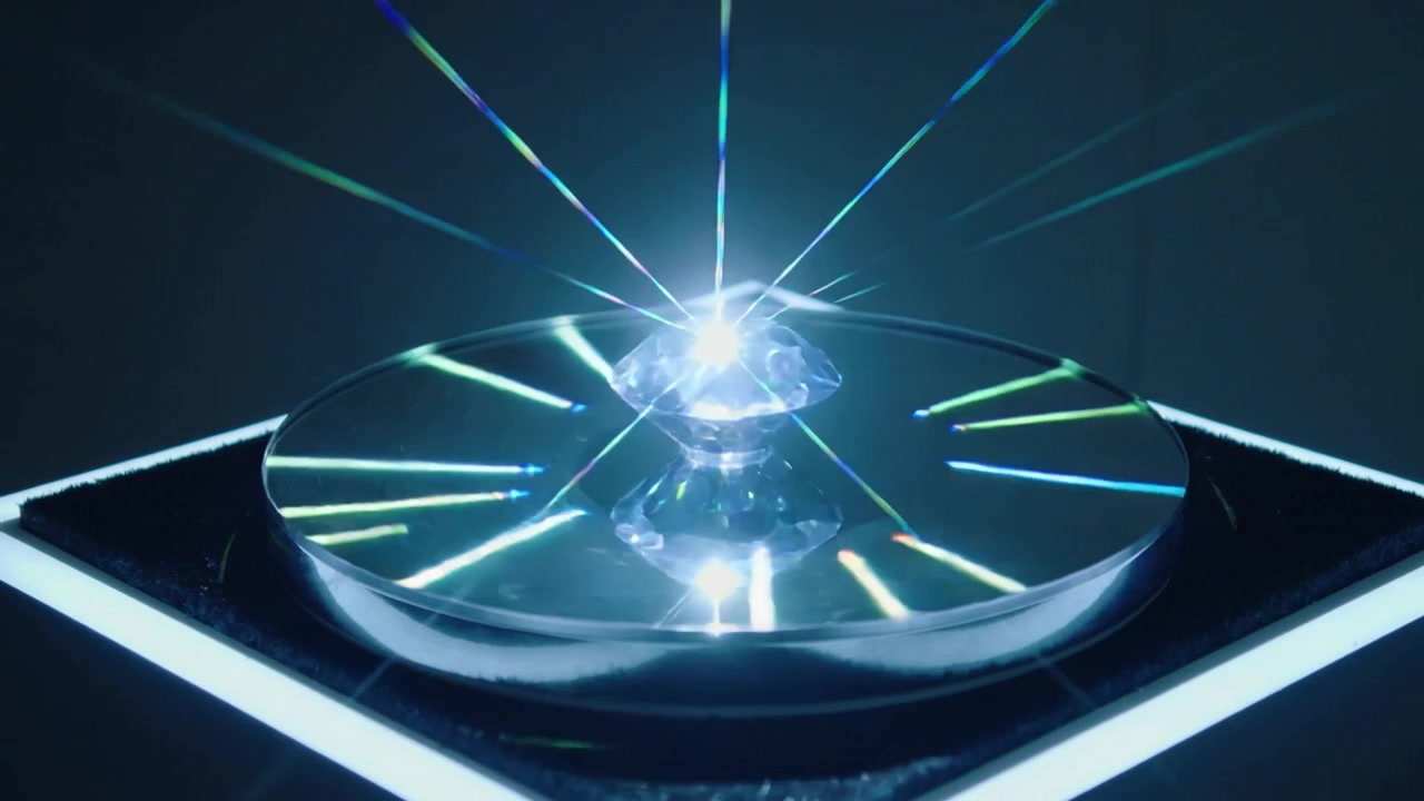 Refracting faceted crystal making starburst on mirror plate on LED pedestal as beam aligning