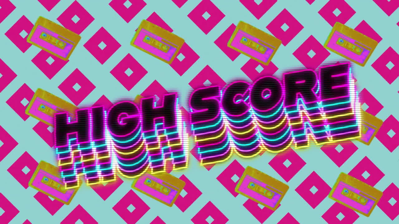 Animation of high score text over vibrant patterned background
