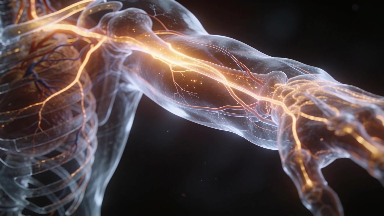 Belysning intensiveres på en CGI-overkropp, høyre arm pulserer nevrale baner til fingrene i et mørkt tomrom for studie
