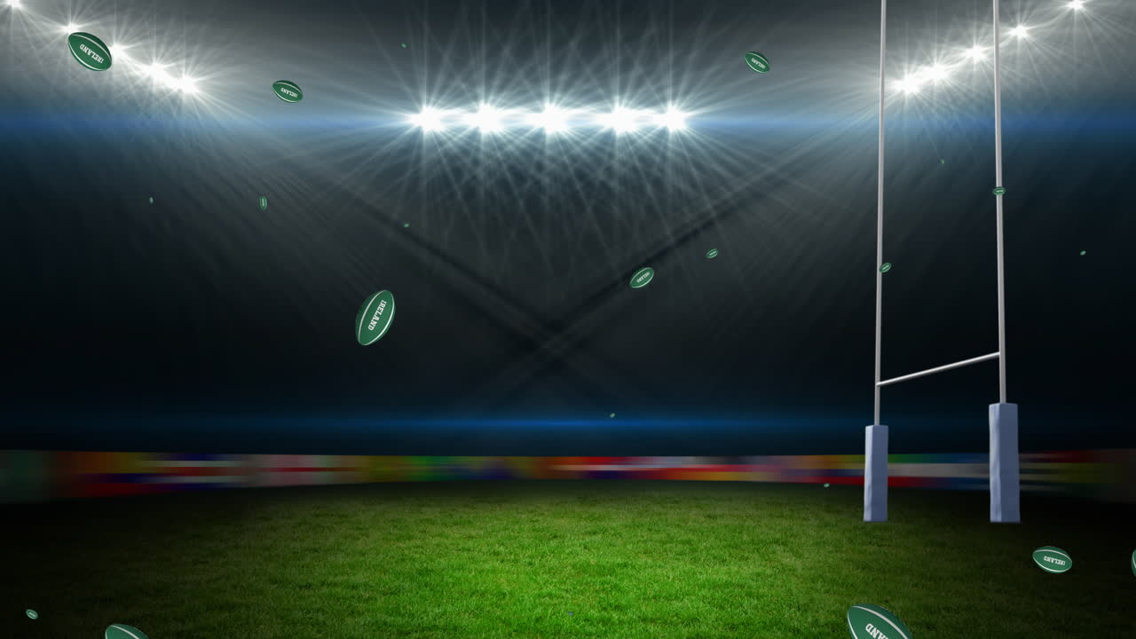 Animation of green rugby balls with ireland text at stadium