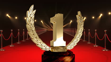 animation of first place award trophy at floodlit, red carpet winners' prize giving ceremony