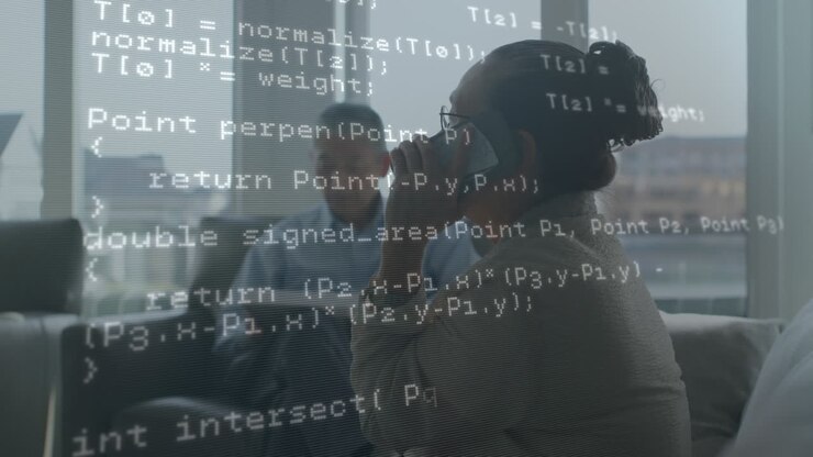 Data processing against african american businesswoman talking on smartphone at office