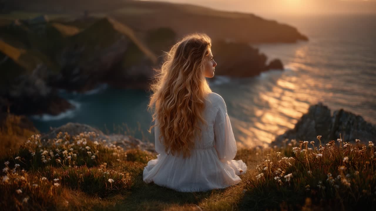 A Serene Moment by the Sea: A Woman Contemplates Nature at Sunset, Embracing the Tranquility of the Ocean's Edge in a Breathtaking Landscape