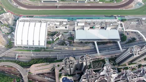 aerial view of sha tin racecourse, one of two horse racing facilities in hong kong