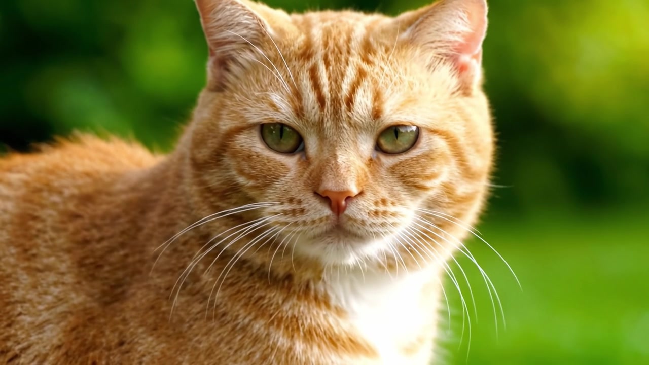 Una vista ravvicinata di un affascinante gatto rosso con sorprendenti occhi verdi e uno sfondo lussureggiante, che mette in mostra la sua espressione giocosa ma maestosa alla luce naturale.