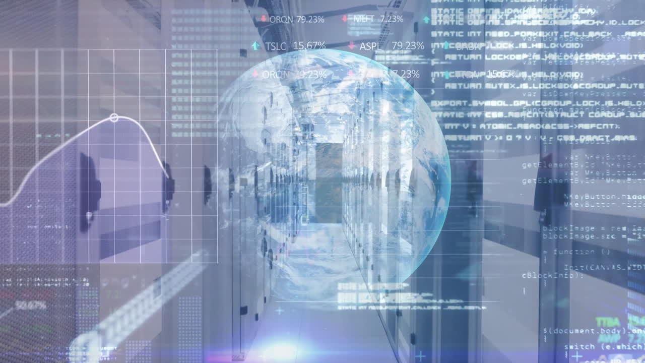 Animation of financial data processing and globe over computer servers