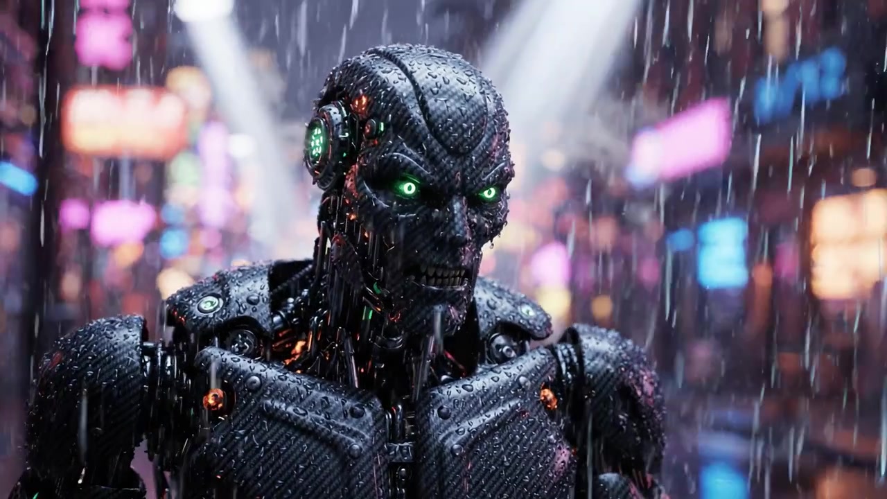 Robot cibernetico futuristico in un paesaggio urbano neon piovoso: un'esplorazione ravvicinata dell'intelligenza artificiale avanzata e dell'estetica tecnologica in un ambiente urbano.