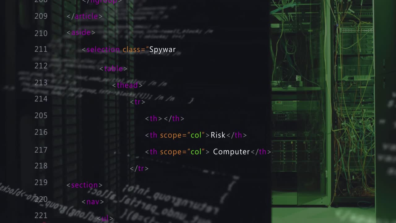 animación del procesamiento de datos contra la sala de servidores de computadoras