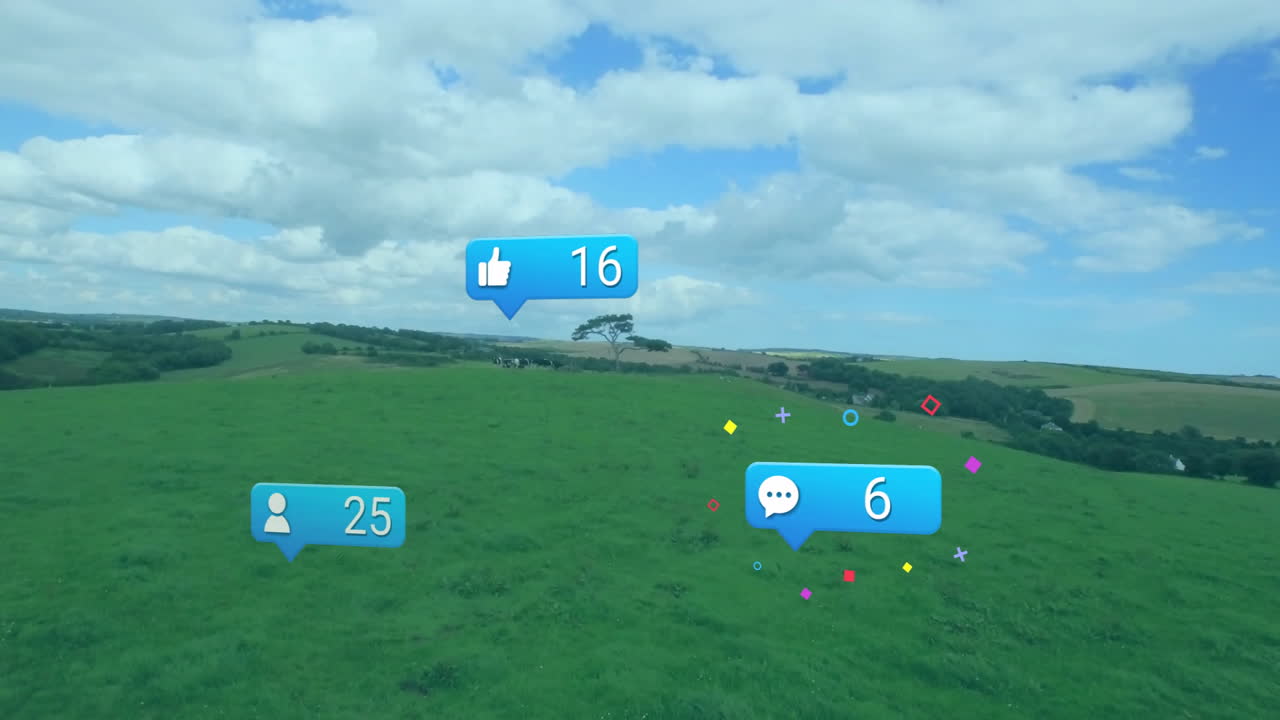 Solitary tree standing on grassy hill, floating thumbs-up, user and comment bubbles with confetti