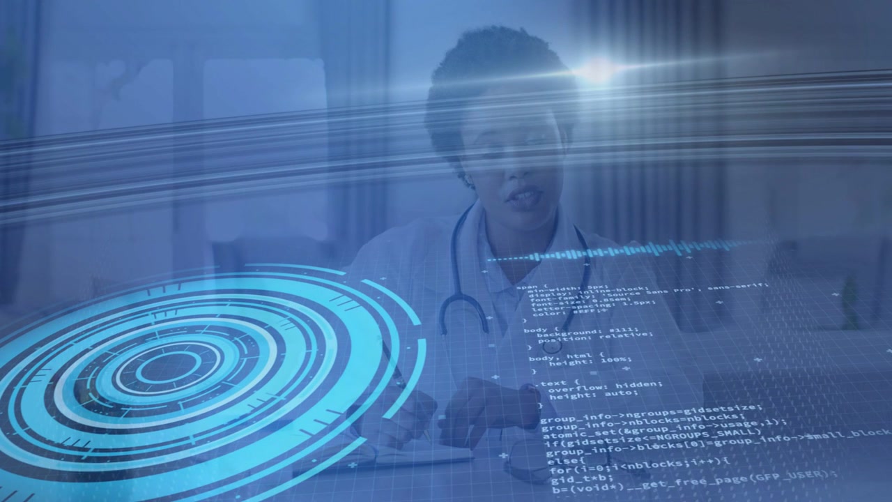 HUD activating doctor leaning scanning rotating rings writing notes reviewing records stethoscope