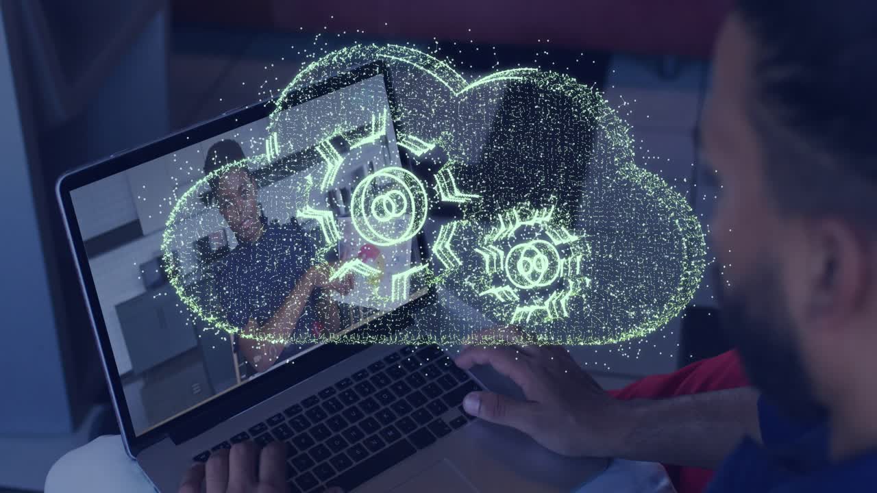 Man touching trackpad and making holo cloud with rotating gears, obscuring presenter in tech demo