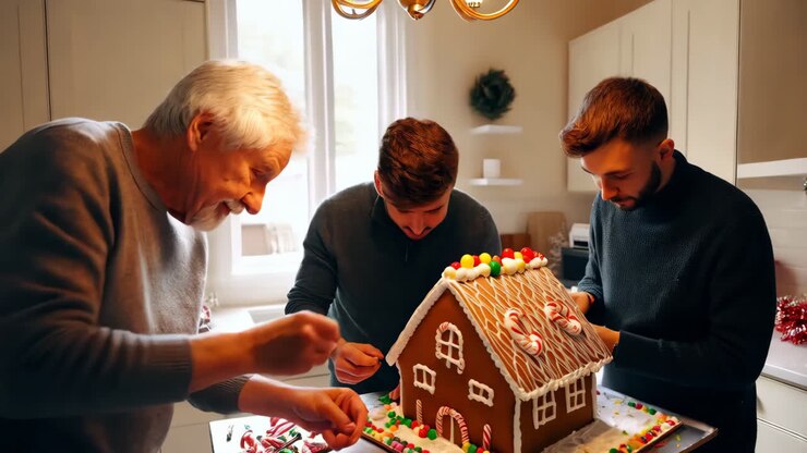 famiglia che decorano una casa di pan di zenzero