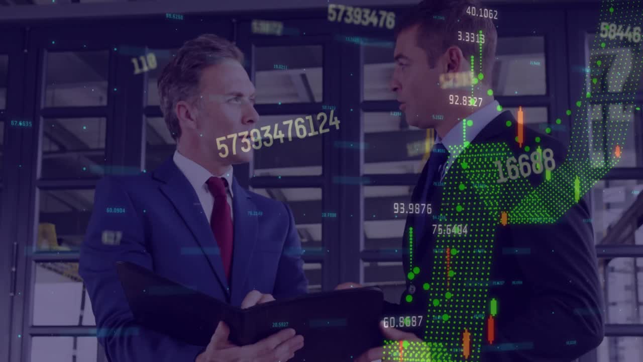 Animation of graph and data processing over two caucasian businessmen using tablet talking in office