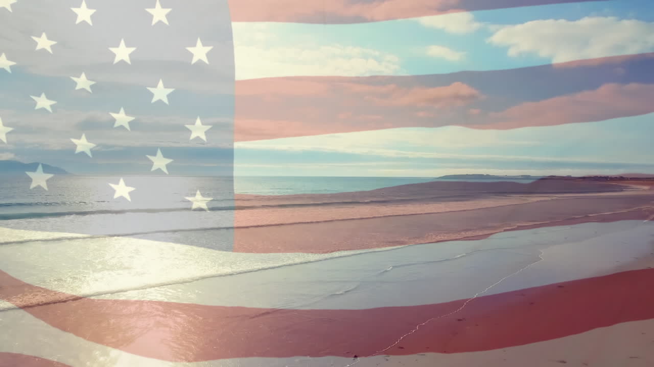 미국 국기가 해변 풍경 위에서 날아다니는 애니메이션