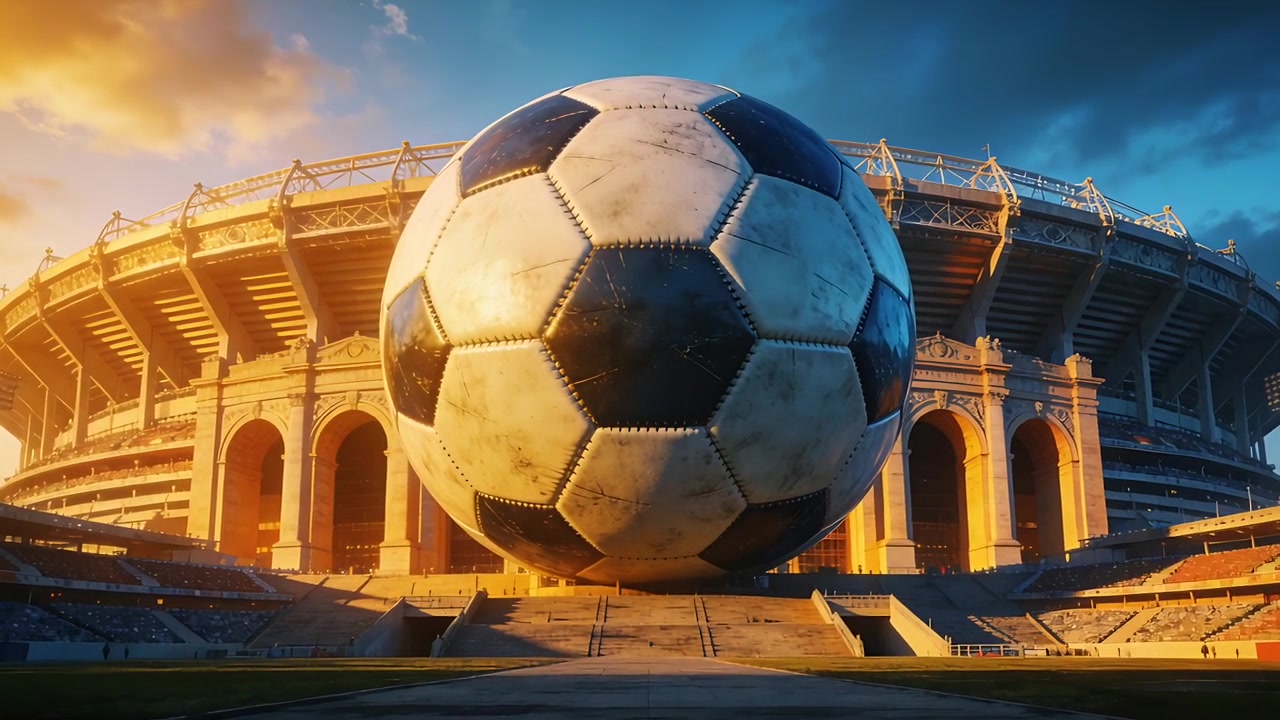 Sole basso che illumina un enorme pallone da calcio usurato sui gradini dello stadio, mettendo in risalto le sedute ad arco.