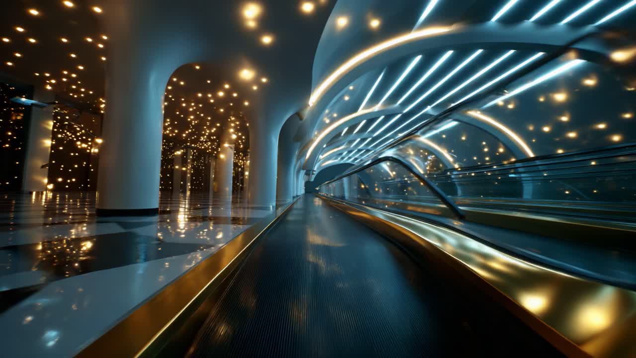 A captivating perspective along a modern moving walkway illuminated by shimmering lights, showcasing an architectural marvel with a blend of sleek design and a futuristic ambiance, creating an immersive experience