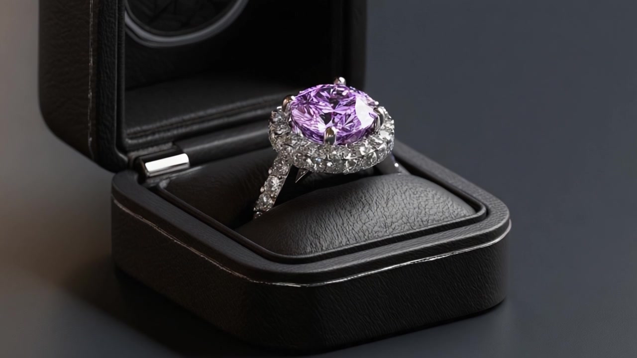 Fantastisk lilla edelstensring i et blendende sølvdesign, elegant presentert i en luksuriøs svart fløyelsgaveeske for tidløse øyeblikk.
