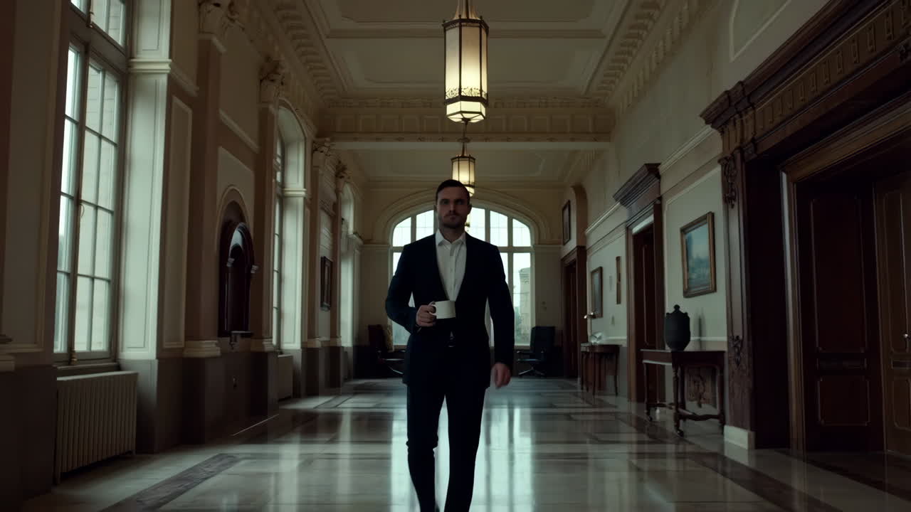 Man in Suit Walks Through Grand Hallway Holding a Mug